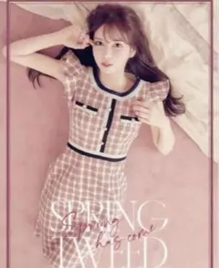 ジュエルズピンク チェック柄 タイトドレス フリル袖S美品丈短めバージョン