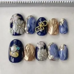 和装、振袖、ブライダル、成人式、ネイビー、ニュアンスネイルチップ