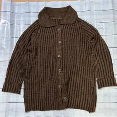 ブラウン ニットカーディガン 襟付き リブ編み 古着 レディース メンズOK