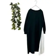 【M】 GU ジーユー ロングワンピース 長袖 サイドプリーツ 切り替え 白黒