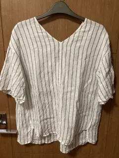【ナノユニバース】リネンストライプVネックシャツ F