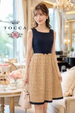TOCCA トッカ バイカラー刺繍レース ワンピース 0 ネイビー×ベージュ
