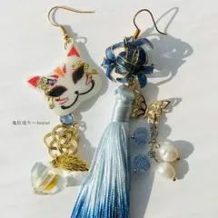 猫面と鬼灯と蒼彼岸花の和風ピアス　イヤリング
