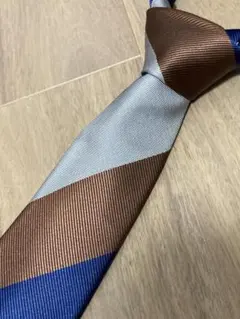 美品 スーツセレクト ネクタイ シルク レジメンタル ストライプ 紺 茶シルバー