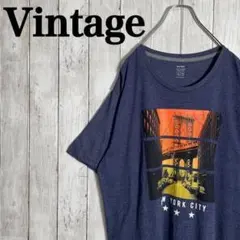 【人気】オールド　ネイビー　ビックプリント　Tシャツ ビックシルエット　古着　紺