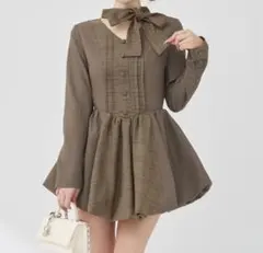 Darich チェックストライプバルーンミニワンピース ベージュ