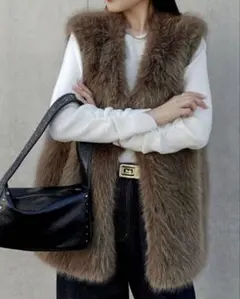 新品　Re:EDIT フェイクファーベスト モカグレー　M リエディ