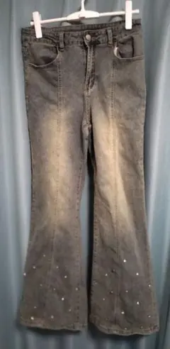 美品 SHEIN グレー ビジュー付き ブーツカットデニム 韓国系 量産型 XL