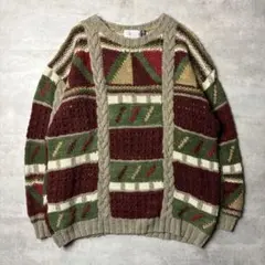 80s ウルグアイ製 ハンドニット 総柄 ローゲージ 手編み ニット セーター