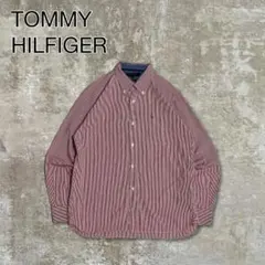 TOMMYHILFIGERカジュアルシャツ長袖レッドストライプ刺繍ロゴ古着L