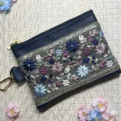 インド刺繍リボン×フェイクレザーミニポーチ
