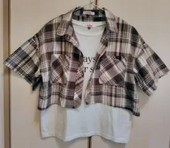 PINK-latte 160cm【2点SET】短丈チェックシャツ&白Tシャツ