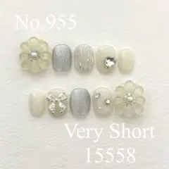 No.955 ガーリーネイルチップ　お花　マグネット　シルバー　リボン　韓国