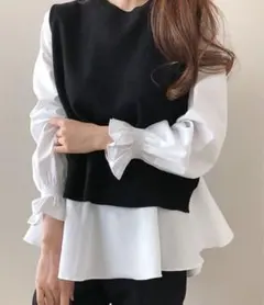 Girly Doll ニットベスト・ブラウス2枚セット(ホワイト)