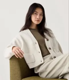 ユニクロ　スフレヤーン　カーディガン　L ホワイト　ネックショートカーディガン