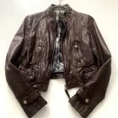 【y2k】本革 短丈シングルライダースジャケット ラムレザー 裏地総柄 ブラウン