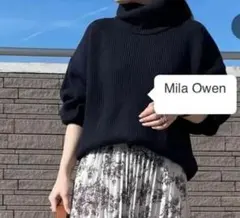 ミラオーウェン ウール混 ハイネック　畦ニット　ネイビー