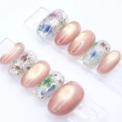 【613】ネイルチップSサイズ 花柄クリアシルバーラメ ピンクベージュマグネット