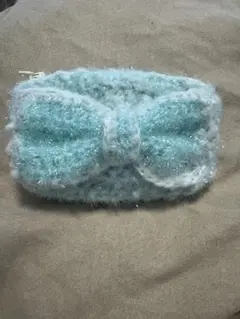 水色リボン付きポーチ編み物 ハンドメイド