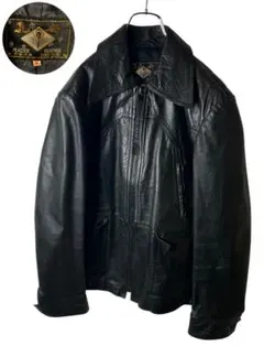 希少レトロ古着シンプルブラック襟付きジップアップリアルレザージャケット