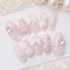 ネイルチップ ツイード フレンチガーリー ワンホン 量産型 韓国 りぼん 薔薇