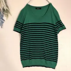03-88 薄手ニット　半袖　ボーダー　緑　オフィス　公務員　綺麗系　大人女子