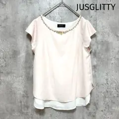 美品【JUSGLITTY】半袖ブラウス 薄ピンク M ビジュー きれいめオフィス