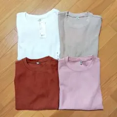 UNIQLO　ワッフルクルーネックT　S　ホワイト　ベージュ　ブラウン　ピンク