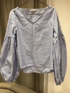 美品　ブルーストライプ ブラウス トップス　バルーン袖