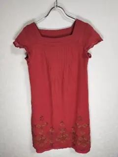 Sybilla シビラ レトロ ワンピース M 赤 花柄刺繍 半袖 リネン混