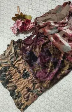 Y2K フェアリーグランジ花柄ベロアワンピース3点セット