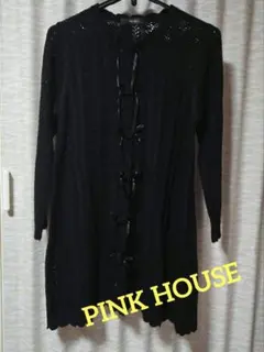【PINK HOUSE】 ブラック長袖カーディガン　リボン・フラワーモチーフ付