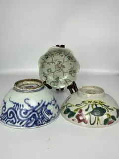 ・中国美術清時代粉彩花文碗　陶磁器　粉彩皿3点古美術・骨董品