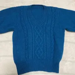 青色 Vネック ニットセーター