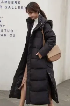 ロングダウンジャケット 新品 黒 ロング中綿コート 防寒 防風 厚手