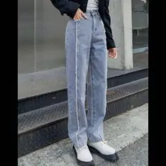 ハイライズセミワイドデニム フリンジライン L ライトインディゴ 落ち感 甘め♪