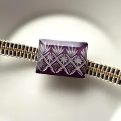 カットガラスの帯留　レクタングル　紫切子　三分紐つき