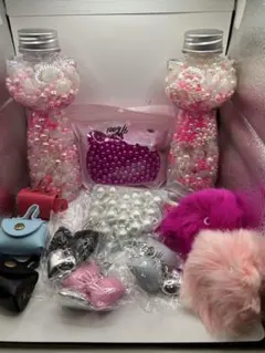 ビーズカン付き キラキラもふもふ ミニバッグリボンキー パール DIY猫型ボトル