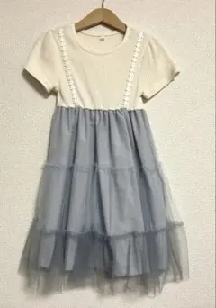 美品⭐︎チュール付き半袖ワンピース　130cm プリンセス　くすみブルー　西松屋