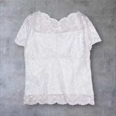コルザ 総レースカットソー 花柄 M 白 ストレッチ 上品 華やか 裏地付きのサムネイル