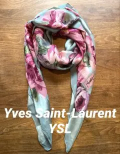 YSL イヴサンローラン　115cm 大判スカーフ　薔薇　水色　シルク100%のサムネイル
