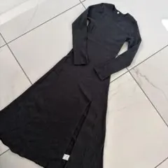 coca リブニットダークグレー長袖スリットワンピース