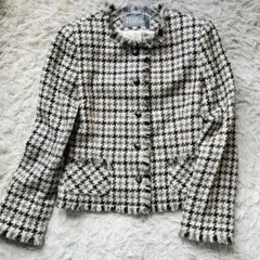 FRANCO FERRARO ツイード 千鳥柄 シルク混 フリンジ ノーカラー