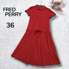 【フレッドペリーFRED PERRY】半袖ニットポロワンピース　ウエストゴム　赤のサムネイル