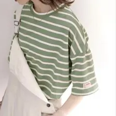 JaVa ボーダーTシャツ 半袖 レトロボーダーメンズライク オリーブのサムネイル