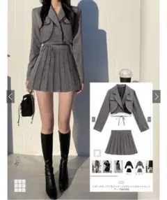 GRLリボンクロップド丈ジャケット×プリーツスカートセットアップ at2340