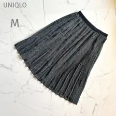 ユニクロ【M】プリーツスカート♡ネイビー♡グリーンドット柄♡総柄♡ゴムウエスト