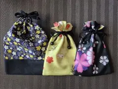 和柄布製巾着袋3点セット リバーシブル