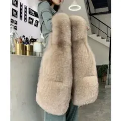 YINGSIYIYUN ふわふわ ファーベスト ベージュ ジレ ファーコート