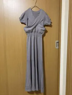 【ダズリン】半袖ニットワンピース S グレー　ロング丈　クロスデザイン　リボン